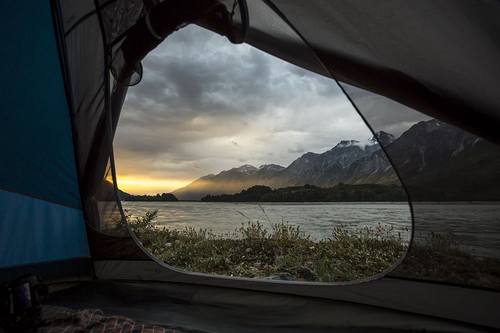 View from tent while camping on the Tatshenshini River.