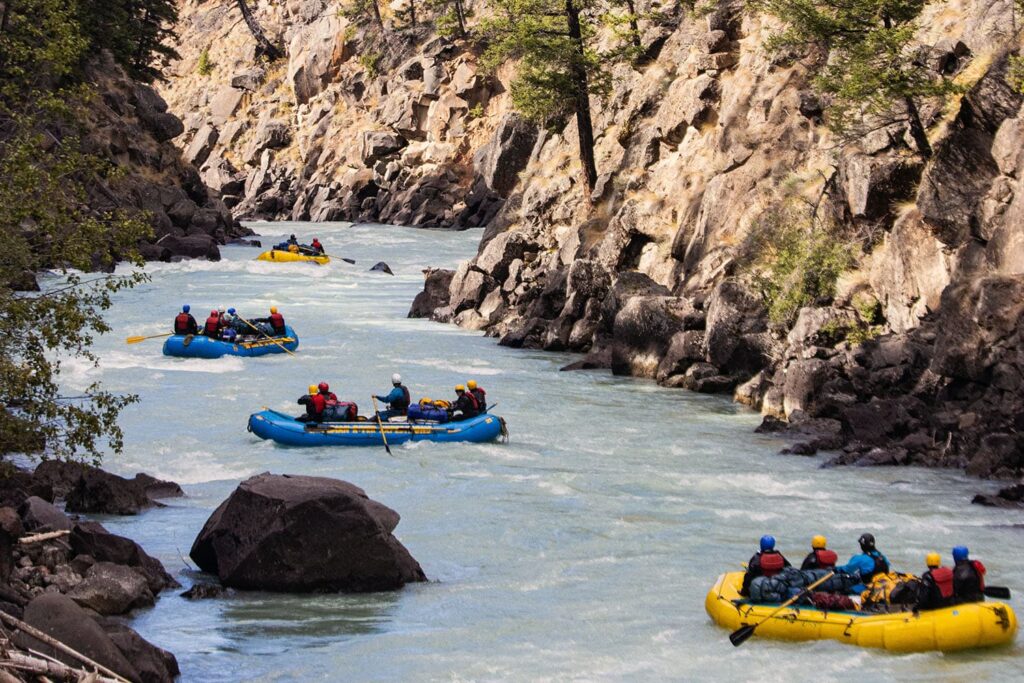 Rafters in a canyon on the Taseko River, British Columbia, Canada.